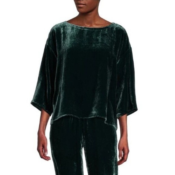 Eileen Fisher Bateau Boxy Top Womens Size Large Green Velvet Holiday Christmas - Picture 1 of 7
